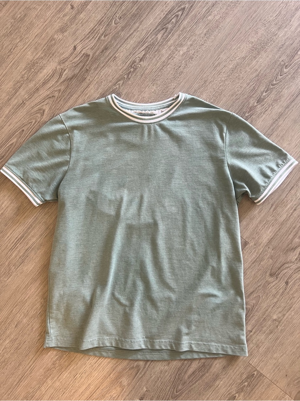 Sage Green Floral Embroidered T-Shirt | Men’s Crew Neck Tee with White Trim